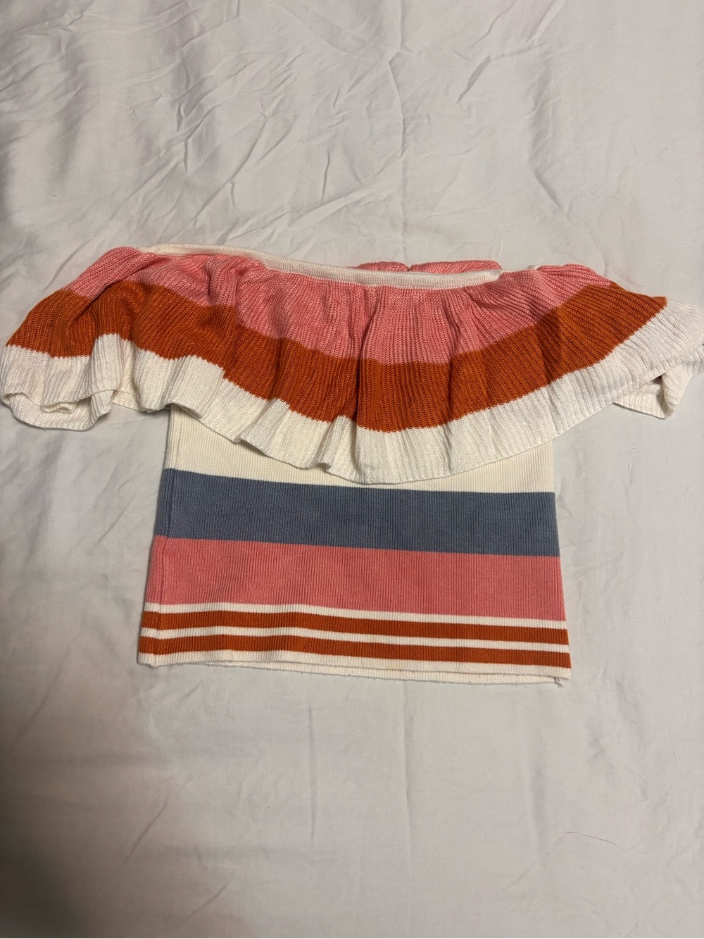 Forever21 Off-Shoulder Ruffle Stripe Top in Pink, Rust & White